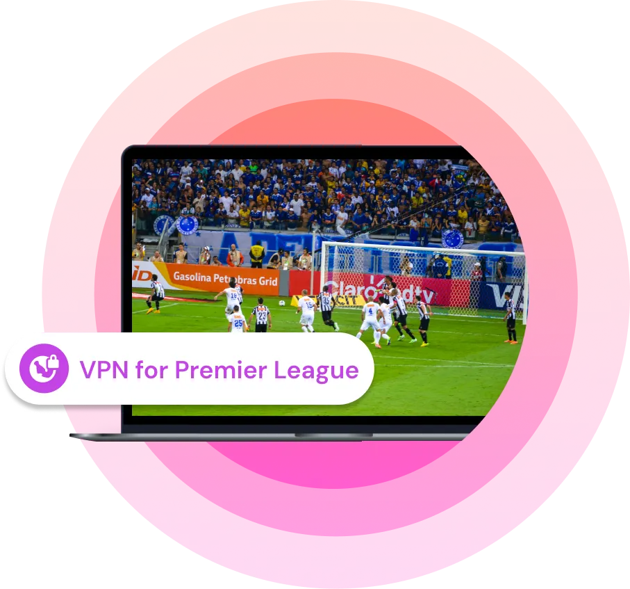 Laptop screen showing a soccer match with VPN for Premier League label on a pink gradient background.